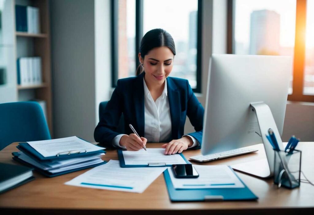 Una persona llenando formularios en una computadora, rodeada de documentos y un teléfono, con un sentido de determinación y esperanza.