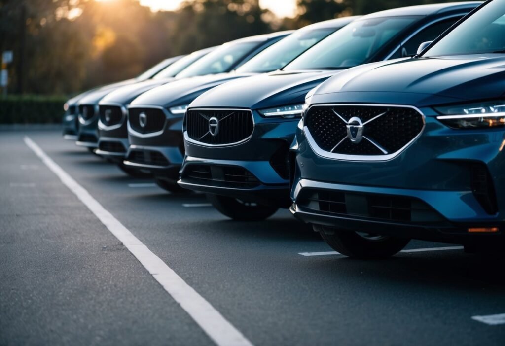 Una alineación de 10 coches elegantes y modernos, cada uno representando a una diferente compañía de seguros de automóvil de primer nivel en los Estados Unidos para el año 2024