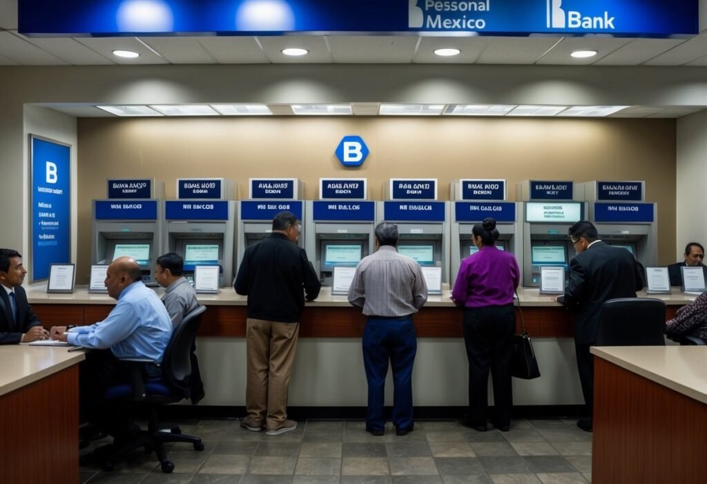 A busy bank branch in Aguascalientes, Mexico, with people waiting in line to request personal loans at the teller windows and sitting at desks with loan officers