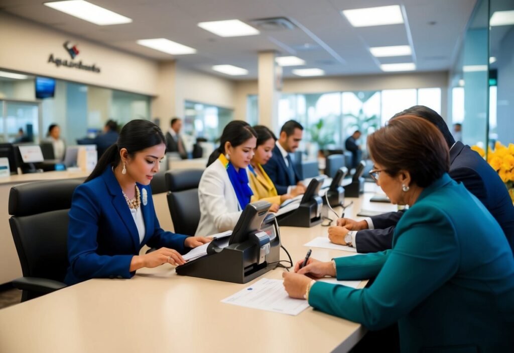 Un bullicioso banco o cooperativa de crédito en Aguascalientes, México, con clientes hablando con cajeros y rellenando papeles para préstamos personales.