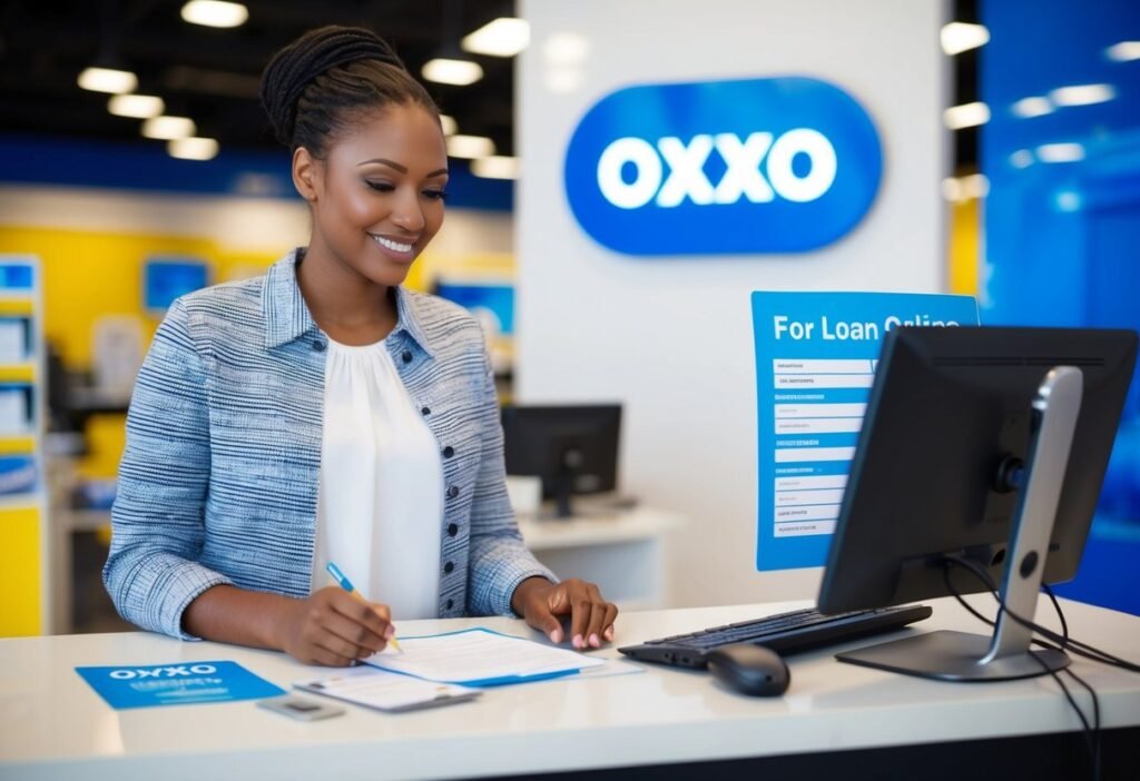 Una persona en una tienda OXXO que solicita un préstamo en línea, rellenando formularios y facilitando información financiera y de identificación.
