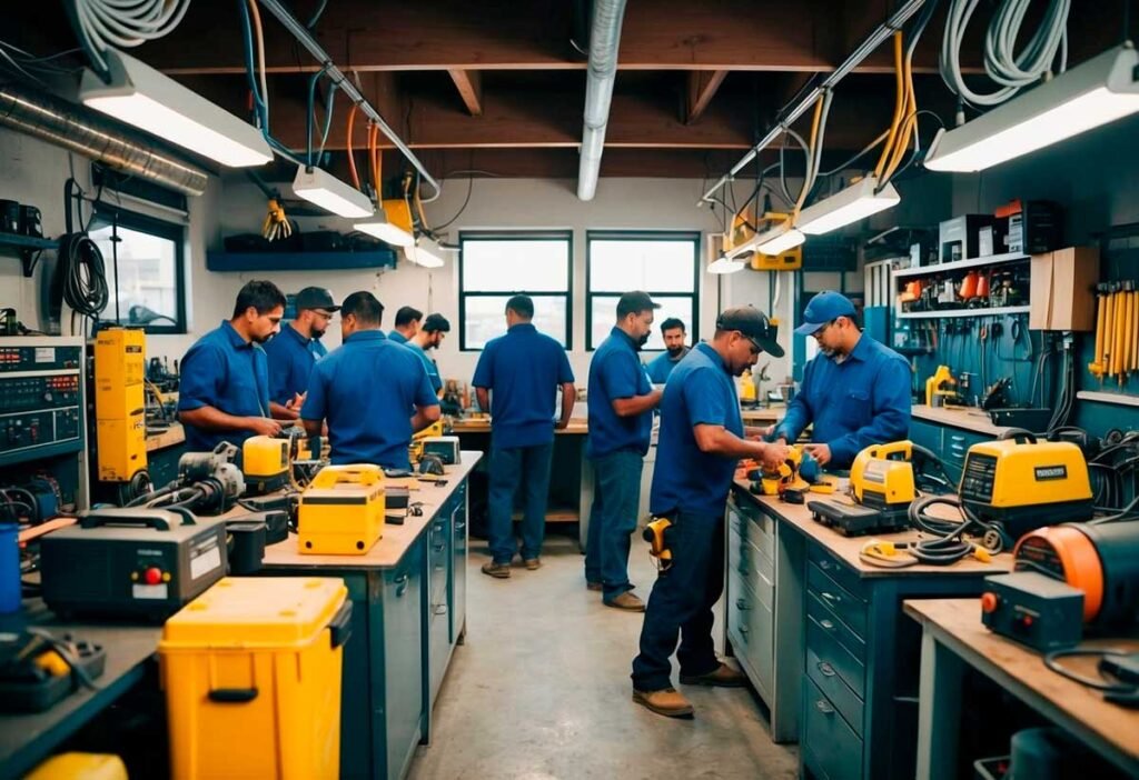Un taller bullicioso con varias herramientas y equipos eléctricos, rodeado de trabajadores de habla hispana en un vecindario hispano en los Estados Unidos.